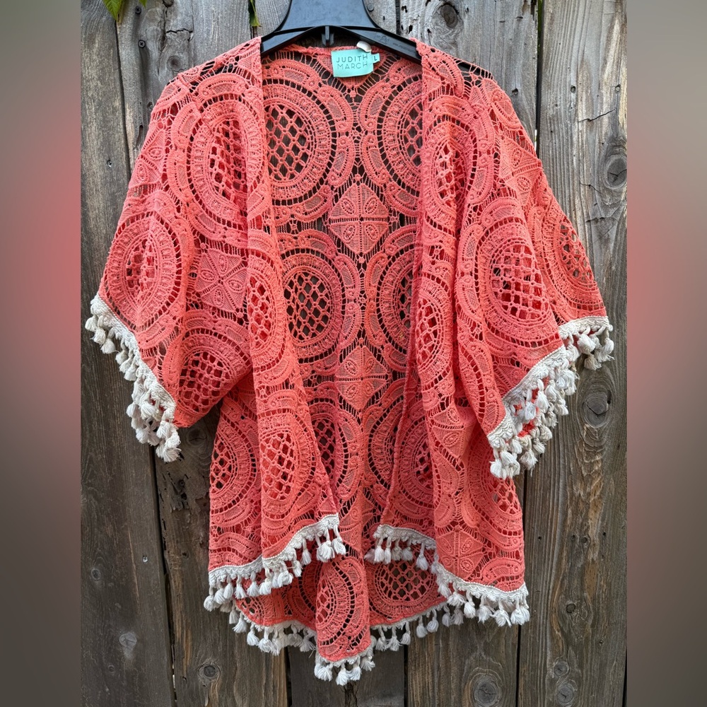 Judith March Coral Pink Boho Fringe Crochet Kimono Size Large